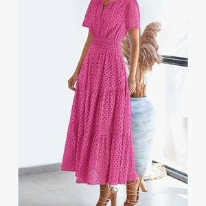 PRETTYGARDEN Womens 2025 Summer Maxi Dress Short Sleeve V Neck Hollow Out Eyelet